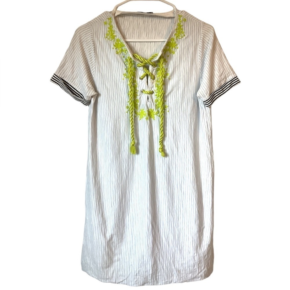 Lisa Todd Striped Lace Up Top White Blue Green Size XS